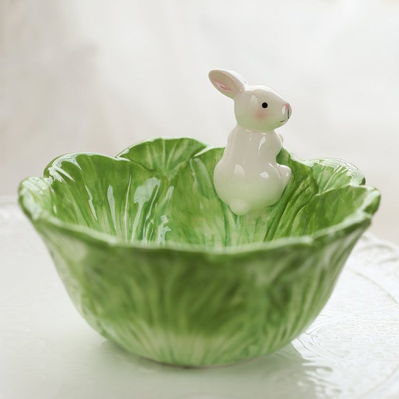 WAIT FLY Cute Cartoon Cabbage with Rabbit Shaped Ceramic Bowls Rice Bowls/ Salad Bowls/ Soup Bowls/ Saucer - Image 2